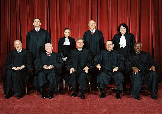 U.S. Supreme Court justices (clockwise from top left): Samuel Alito, Ruth Bader Ginsberg, Stephen Breyer, Sonia Sotomayor, Clarence Thomas, Antonin Scalia, John Roberts, John Paul Stevens and Anthony Kennedy