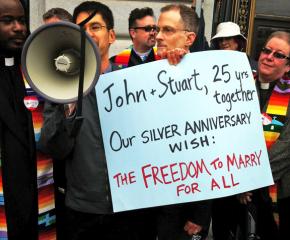 Marriage equality supporters rally outside City Hall in San Francisco after the Prop 8 was overturned