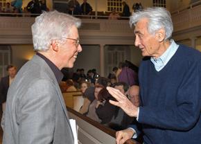 James Green (left) speaks with the people's historian Howard Zinn at an event in Boston in 2006